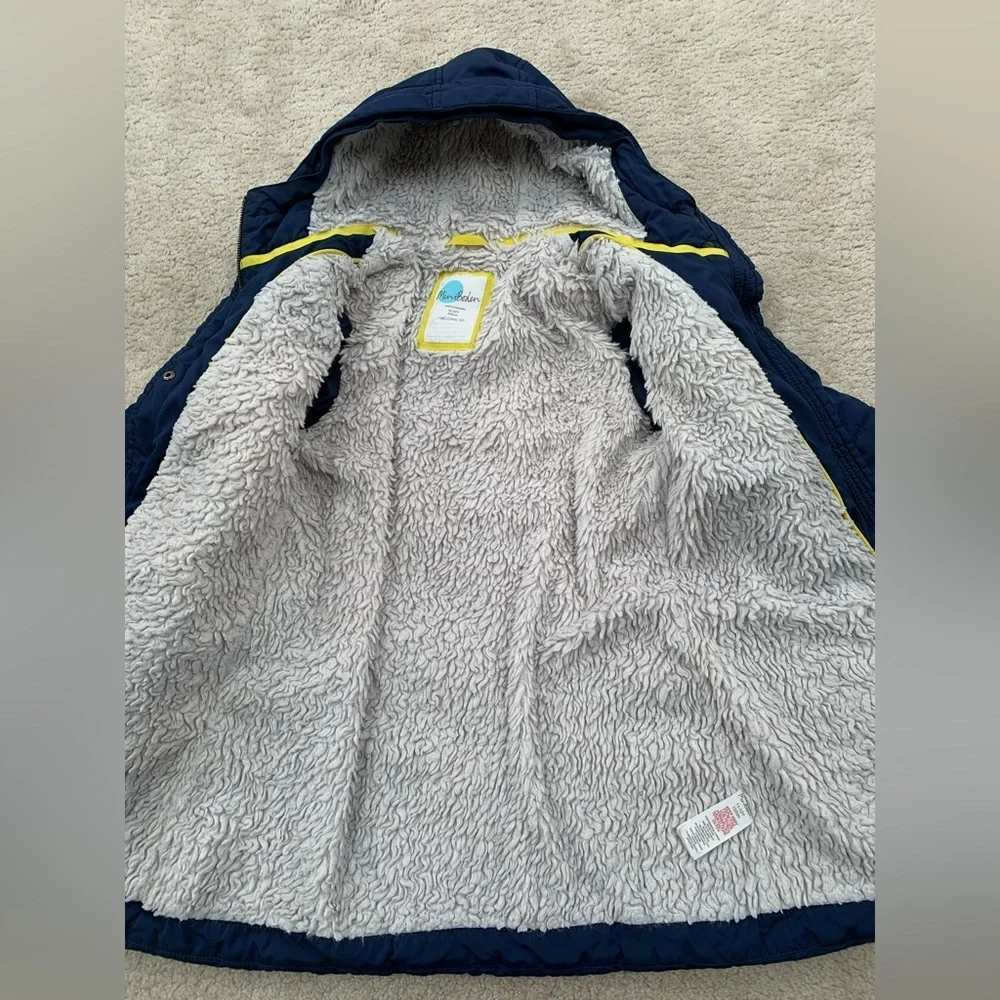 Mini Boden Size 11-12 Years Navy Winter Hooded Parka Coat Fuzzy Sherpa Lining
